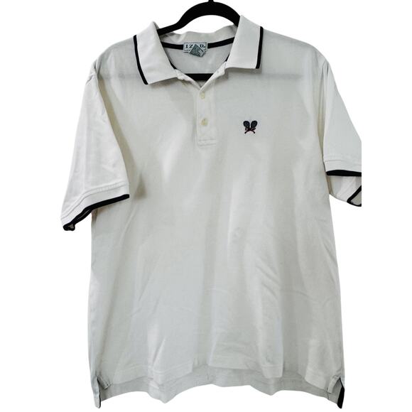 IZOD TENNIS LOGO MENS POLO SHIRT WHITE PIQUE 100% COTTON L PREPPY CLASIC - Picture 1 of 7